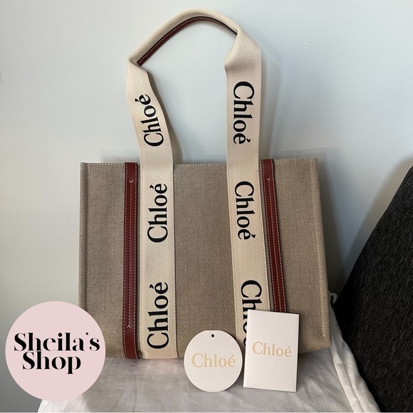 NWT Chloe Woody Medium Tote Bag Leather-Trimmed Canvas White & Brown - Picture 3 of 10